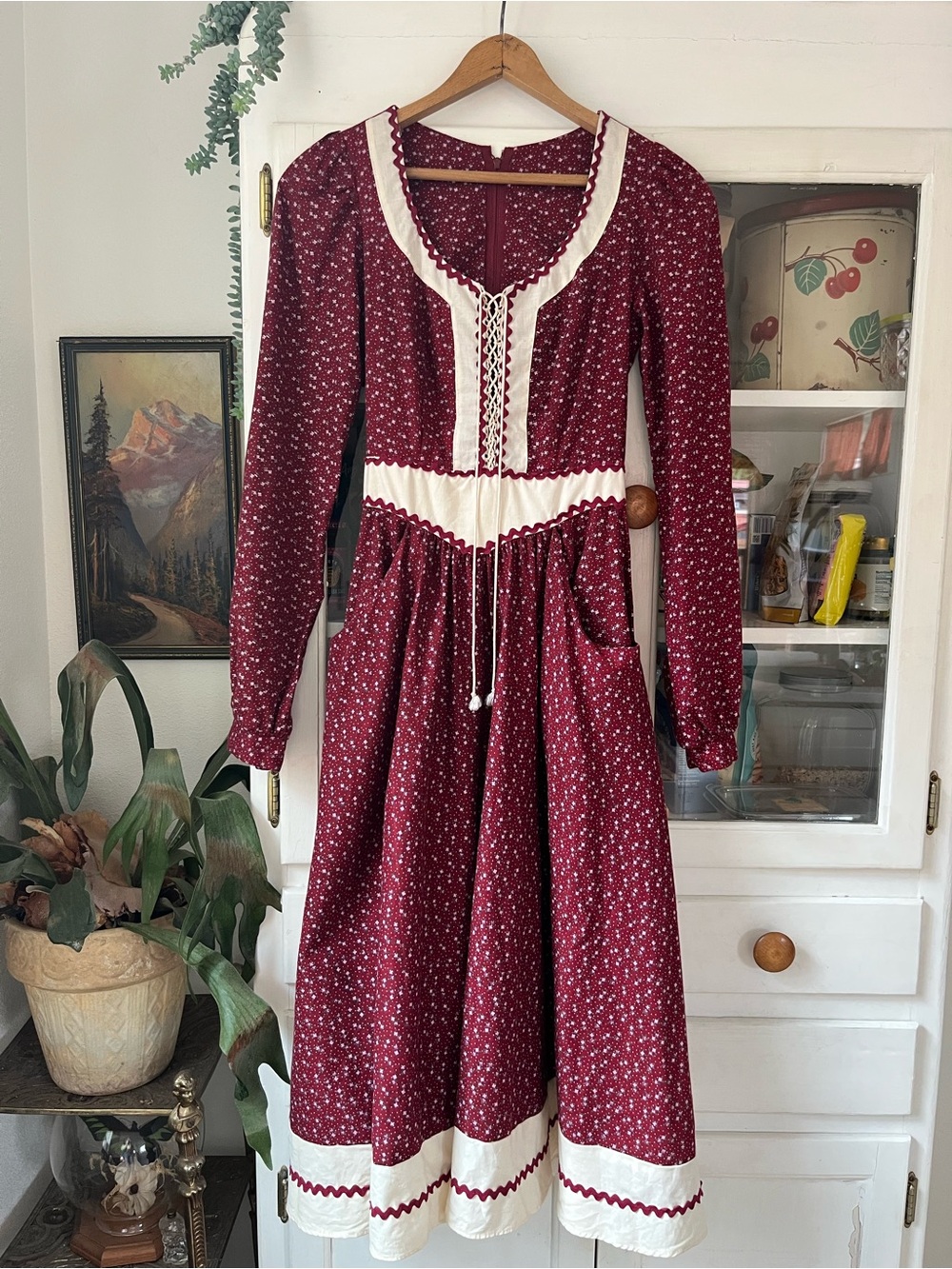 Vintage 70s Gunne Sax Cottagecore Burgundy Red Floral Corset Midi Dress XS